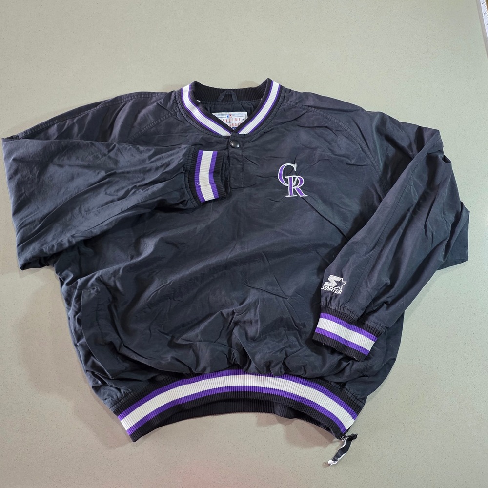 Vintage Starter Colorado Rockies MLB Windbreaker Pullover Black Purple L Read*